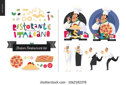 Italian restaurant set - branding, logo and menu constructor - kit of restaurant logo, cooks and waiters wearing the uniform holding a dish of pasta with red bolognese sauce and other italian food