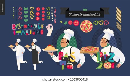 Italian restaurant set - branding, logo and menu constructor - kit of restaurant logo, cooks and waiters wearing the uniform holding a dish of pasta with red bolognese sauce and other italian food