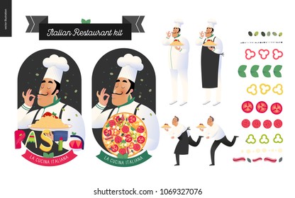 Restaurante italiano - marca, logo y constructor de menús - kit de logo del restaurante, cocineros y camareros vestidos con el uniforme que contiene un plato de pasta con salsa boloñesa roja y otros alimentos italianos