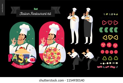 Italian restaurant set - branding, logo and menu constructor - kit of restaurant logo, cooks and waiters holding dish pasta with red bolognese sauce, italian food, thematic lettering, cartoon