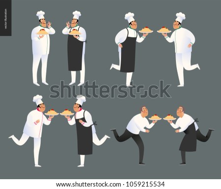 Italian restaurant set - set of cooks and waiters wearing the uniform holding a dish of pasta with red bolognese sauce, cartoon character