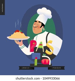 Conjunto de restaurante italiano - logotipo do restaurante italiano com um cozinheiro apreciando o cheiro de massa e letras Massa, personagem de desenho animado