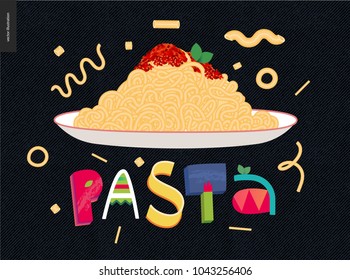 Italian restaurant set - pasta bolognese and lettering Pasta