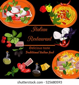 Italian restaurant top view frame. Food menu design. Vector drawn sketch illustration.