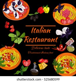 Italian restaurant top view frame. Food menu design. Vector drawn sketch illustration.