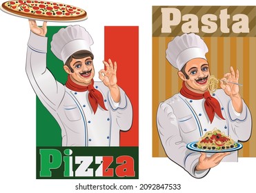 Italian Restaurant. Two cooks. Chef carries pizza. Chef shows ok and holds a plate of spaghetti