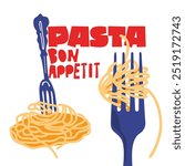 Italian retro food poster. National Noodle and pasta day. Modern vector flat Italian noodles and macaroni poster with fork with spaghetti. Cartoon doodle illustration for restaurant and cafe
