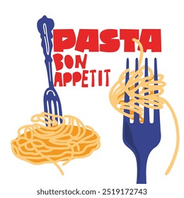 Italian retro food poster. National Noodle and pasta day. Modern vector flat Italian noodles and macaroni poster with fork with spaghetti. Cartoon doodle illustration for restaurant and cafe