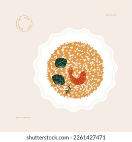 Italian risotto decorated with shrimp and basil. Traditional food. Vector illustration