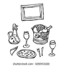 Italian Ristorante Table. Pizza, Wine in an Ice Bucket, Wine Glasses, Spicy Oil with Pepper, Fork, Knife, Checkered Towel and Frame. Pizza Menu. Hand Drawn Illustration. Savoyar Doodle Style.