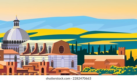 Paisaje romántico italiano con campos toscanos como telón de fondo. Ilustración vectorial de un dibujo hecho a mano. Se puede usar para afiches, pancartas, postales, libros, etc.