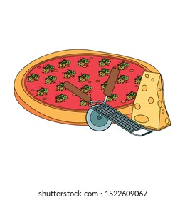 italian round pizza and cheese piece over white background, vector illustration