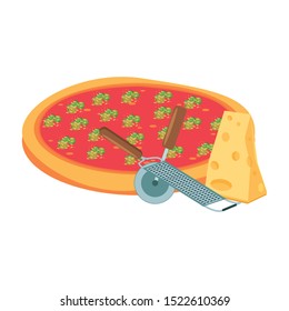 italian round pizza and cheese piece over white background, vector illustration
