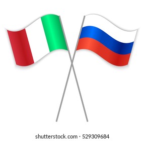 Italian and Russian crossed flags. Italy combined with Russia isolated on white. Language learning, international business or travel concept.