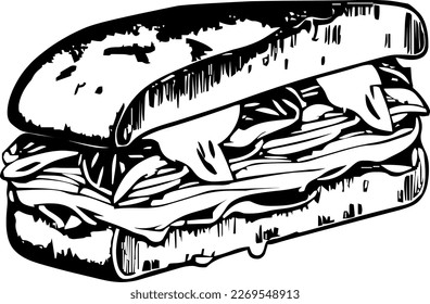 Italian sandwich, food, isolated, vintage drawing, vector illustration, black color