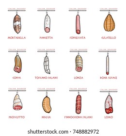 Italian sausage set vector illustration. Delicatessen italian pig meat, with white, raw and country ham, salami slices, sausage and bacon. Full color illustration isolated on a white background