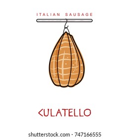 Italian sausage vector illustration. Delicatessen italian pig meat, with white, raw and country ham, salami slices, sausage and bacon. Full color illustration isolated on a white background