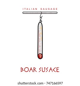 Italian sausage vector illustration. Delicatessen italian pig meat, with white, raw and country ham, salami slices, sausage and bacon. Full color illustration isolated on a white background