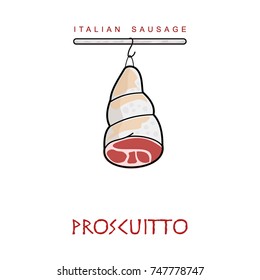 Italian sausage vector illustration. Delicatessen italian pig meat, with white, raw and country ham, salami slices, sausage and bacon. Full color illustration isolated on a white background