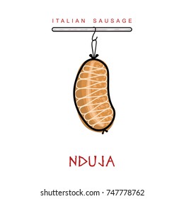 Italian sausage vector illustration. Delicatessen italian pig meat, with white, raw and country ham, salami slices, sausage and bacon. Full color illustration isolated on a white background