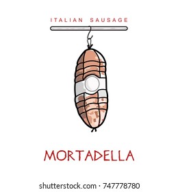 Italian sausage vector illustration. Delicatessen italian pig meat, with white, raw and country ham, salami slices, sausage and bacon. Full color illustration isolated on a white background