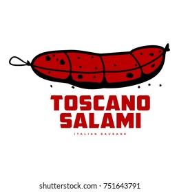 Italian sausage vector illustration. Delicatessen italian pig meat, with white, raw and country ham, salami slices, sausage and bacon. Full color illustration isolated on a white background