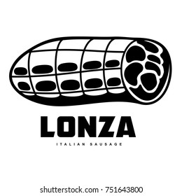Italian sausage vector illustration. Delicatessen italian pig meat, with white, raw and country ham, salami slices, sausage and bacon. Full color illustration isolated on a white background