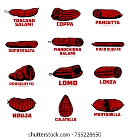 Italian sausage vector illustration. Delicatessen italian pig meat, with white, raw and country ham, salami slices, sausage and bacon. Two color illustration isolated on a white background