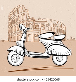 Italian Scooter in Front of Colosseum in Rome, Hand Drawn Vector Artwork