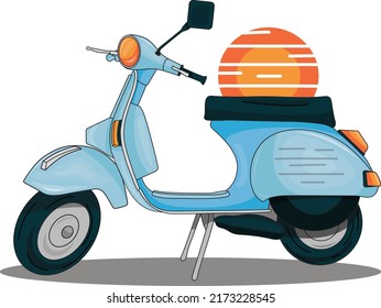 Italian scooter illustration isolated on white background. Vintage motorcycle illustration. Scooter motorcycle illustration. Motorcycle in illustration in flat style.