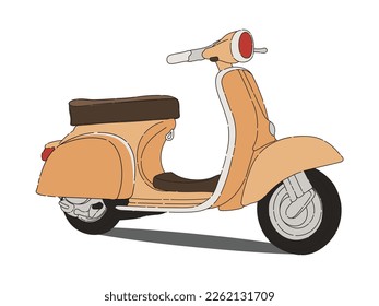 Italian scooter illustration isolated on white background. Retro motorcycle illustration. Scooter motorcycle illustration. Motorcycle in illustration in flat style. Cartoon scooter. 