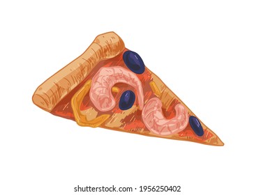 Italian seafood pizza segment with shrimps, black olives, pepper slices, cheese and tomato sauce. Cut piece with thick crust. Realistic hand-drawn vector illustration isolated on white background