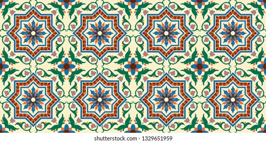 Italian seamless background, pattern with ornaments, decoration, colorful decor with beautiful mosaic. Tiles in Italian style, for wallpaper, backgrounds and decoration designs. Vector illustration.