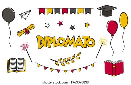 Italian Set of casually hand drawn graduation elements. Isolated doodle icons. Master's cap, scroll, balloons, laurel. School Vector illustration for posters, cards, banners. Translation: graduation