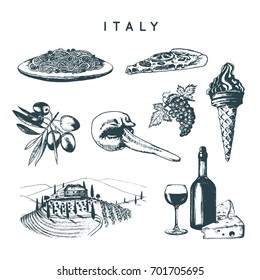 Italian set of sketches. Hand drawn illustrations of Italy travel symbols. Vector touristic signs of Mediterranean vacations.