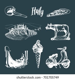 Italian set of sketches. Hand drawn illustrations of Italy travel symbols. Vector touristic signs of Mediterranean vacations.