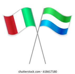 Italian and Sierra Leonean crossed flags. Italy combined with Sierra Leone isolated on white. Language learning, international business or travel concept.