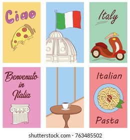 Italian signs poster set.  Card, poster, print on a T-shirt. Hand drawn vector illustration. Travel Italy poster. 