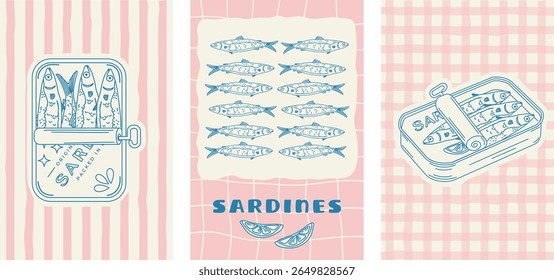 Esboço italiano. Ilustração em estilo retrô com sardinhas. Ilustração internacional representando sardinhas mediterrâneas em uma lata de metal e em uma placa com um limão