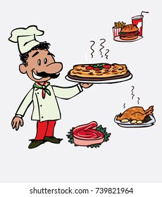 Italian smiling chef with tray and different dishes to place on it. 