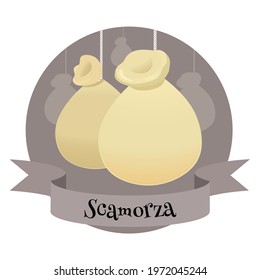 Italian smoked cheese scamorza. Colorful cartoon style illustration  for cafe, bakery, restaurant menu or logo and label. Traditional farm product.