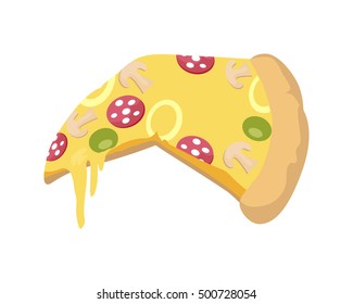 Italian snack with cheese and slices of olives, sausage and tomatoes. Slice of pizza. Fast food. Slice of a Pepperoni Pizza isolated on white background. Illustration of delicious tasty pizza