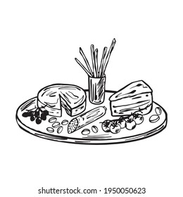 italian snacks, cheese board , vector doodle sketch 