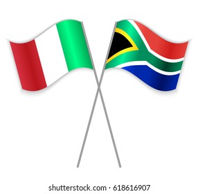 Italian and South African crossed flags. Italy combined with South Africa isolated on white. Language learning, international business or travel concept.
