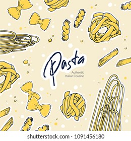 Italian Spagetti Ingredients Banner Template. Hand-drawn Vintage Illustration Of Yellow Pasta On Creme Background. Stetch Icon Set For Mediterranean Cafes, Pizzerias, Restaurants. Advertising Design