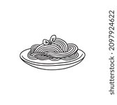 Italian spaghetti pasta in black outlines doodle style, vector illustration isolated on white background. Hand drawn noodles on plate, food dish for cafe or restaurant menu design.