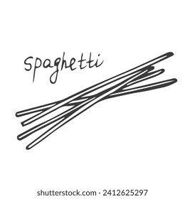 Italian spaghetti pasta in black outlines doodle style, vector illustration isolated on white background.