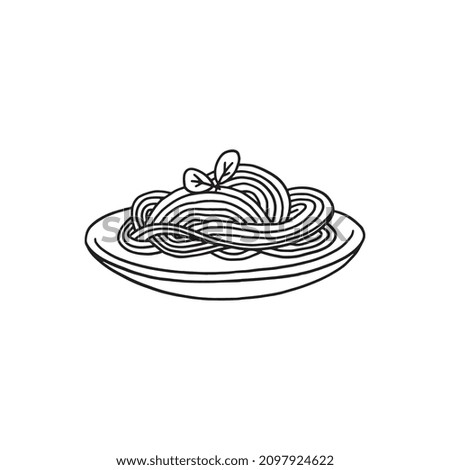 Italian spaghetti pasta in black outlines doodle style, vector illustration isolated on white background. Hand drawn noodles on plate, food dish for cafe or restaurant menu design.