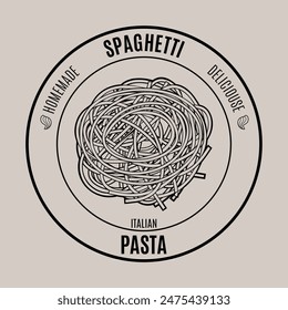 Italian spaghetti pasta logo design template with hand drawn sketch of traditional product for restaurants menu, sign, logo, stickers or food packaging. Vintage style outline illustration.