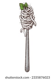 Italian spaghetti pasta on a fork. Hand drawn vector illustration. Italian food. Spaghetti pasta on a fork sketch. Design element.
